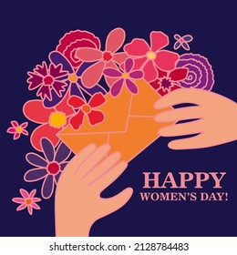 Bright poster for Mother's Day. March 8. Hands hold an envelope with flowers. Universal background for decor and printing.