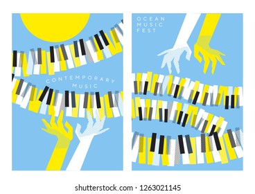 Bright poster for music concert with woman hands and piano keys over blue sky and yellow sun. Fun dynamic piano keyboard in geometric mosaic style. modern design element for music and dance projects.