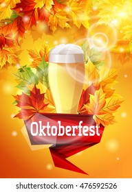 A bright poster on beer party Oktoberfest, autumn maple leaves, the effect of the sun glow. The bright light of the sun. Vector illustration.