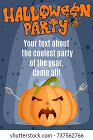 bright poster on a cool party of a halloween with a pumpkin with cutlery on a lilac
