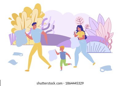 Bright Poster, Parents Teach Child Charity Park. Young Couple with Son Collect Garbage in Special Packages in Local Park. On their Weekend they are Bring Up Child. Colorful Trees and Plants in Park.