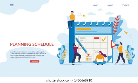 Bright Poster Planning Schedule Lettering Flat. Banner Joint Access to Working Calendar. Information Flyer Men and Women Work Hard on Daily Plan Cartoon. Vector Illustration Landing Page.