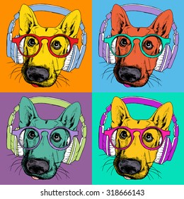 Bright poster with portrait of a German Shepherd with headphones and glasses in the style of pop art. Vector illustration.