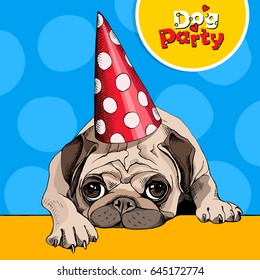 Bright poster. Portrait of a Pug in a red polka dot Party hat on a blue background. Vector illustration.