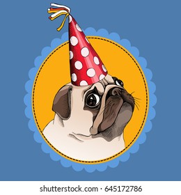 Bright poster. Portrait of a Pug in a red polka dot Party hat. Vector illustration.