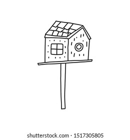 Bright poster quick sketch birdhouse hand-drawn. Closed, artificial nesting for small birds. Birdhouse mounted on long pole. Vector illustration.