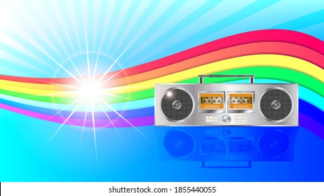 Helles Poster mit Regenbogen, Glühen und Strahlen. Retro musical gadget, zwei Kassettenrekorder mit Reflexion. EPS10