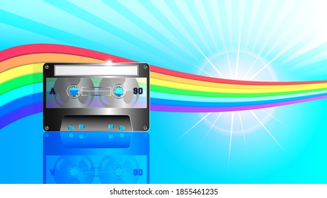 Bright poster with rainbow, glow and rays. Retro musical gadget, cassette tape with reflection. EPS10