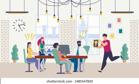 Bright Poster Search for Productive Idea Flat. Creating Positive Opinion about Company Among Partners. Modern Office Life. Employees are Sitting at Table in Office, Guy is Running with Ideas. 