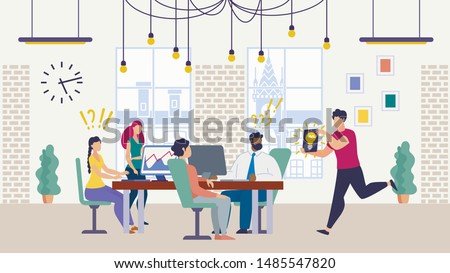 Bright Poster Search for Productive Idea Flat. Creating Positive Opinion about Company Among Partners. Modern Office Life. Employees are Sitting at Table in Office, Guy is Running with Ideas. 