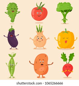 Bright poster with set of cute and funny vegetables. Lettuce, tomato, broccoli, eggplant, onion, pepper, pea, potato, radish 