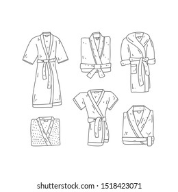 Bright poster set hand-drawn bathrobe, cartoon. Set different simple robes with belt. Simple clothes. Homemade warm bathrobe. Comfortable suitable clothes. Vector illustration.