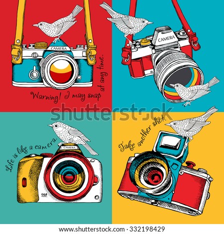 Bright poster in the style of pop art with image of a camera and birds on color background. Vector illustration.