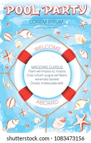 Bright poster for summer pool party. Take this vector template and  put information about your party.  You can use it for baners, invintations, cards, flayers and other advertising.