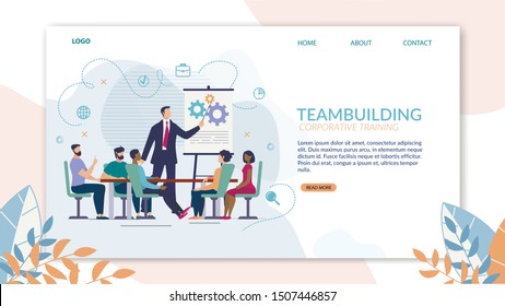 Bright Poster Teambuilding Corporate Training. Coach Will Realize Potential in Online Business. Man in Suit Stands Near Blackboard and Tells People Sitting at Table. Vector Illustration.