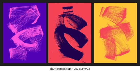 Bright poster templates with grainy curved bold brush strokes. Swirls and squiggle thick lines. Abstract stipple sand effect backgrounds. Distress grainy grunge texture in form of curly brush strokes.