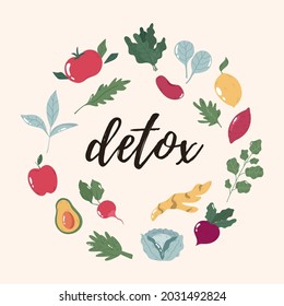 Bright poster with various detox components vegetables, herbs, fruits. Vector flat illustration.