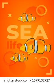Bright poster with vector illustration dedicated to underwater life represented by orange clown fishes, modern elements and text "Sea life" 