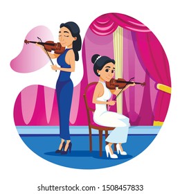 Bright Poster Violin Duet Performance Cartoon. Orchestra Team Accompanies Performances Brilliant Vocalists. Beautiful Girls Perform Classical Music On Violins While On Stage. Vector Illustration.