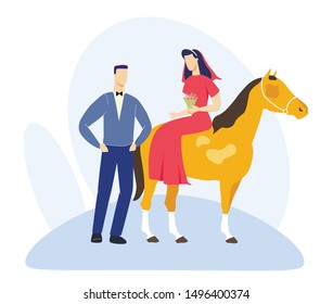 Bright Poster Wedding Ceremony, Cartoon Flat. Pet has Anti-stress Effect on Human Health. Horseback Riding During Wedding. Bride is Sitting on Horse, Groom is Standing Nearby. Vector Illustration.