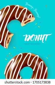 Bright poster with whole and bitten donuts. Sweet breakfast concept. Realistic vector illustration.