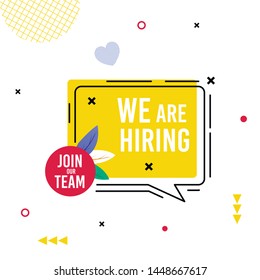 Bright Poster is Written we are Hiring Cartoon. Join Our Team. Inscription Geometric Shape. Dots Line Surface, Message on Yellow Background. Staff Search Agency. Vector Illustration.