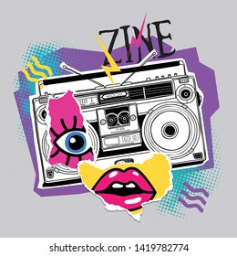 Bright poster in a Zine Culture style. Vintage Recording equipment, portable boombox, radio, player recorder with paper collage. Humor t-shirt composition, hand drawn style print. Vector illustration.