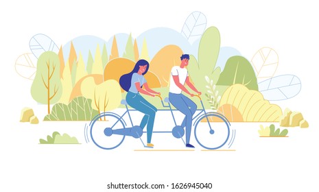 Bright Poster,Bike Ride in Park with Life Partner. Happy Couple Spends Time Together in Autumn Park. They Ride Double Bike along Path, around them Colored Tall Trees, away from Busy City. - Shutterstock ID 1626945040