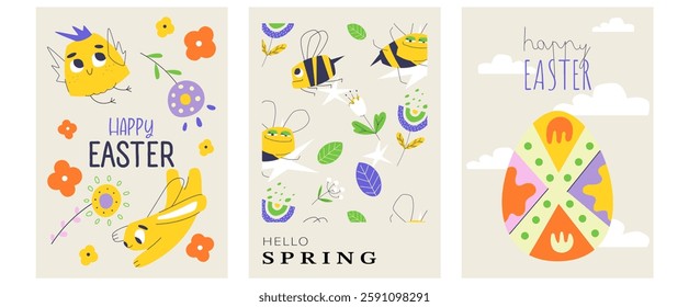 Bright posters featuring Easter eggs, bees, flowers, and cute animals. Perfect for spring celebrations, holiday cards, and seasonal greetings