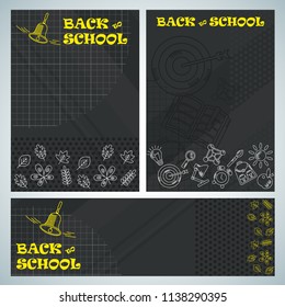 Bright posters on the topic of education. School supplies on the background of a black school board. Flat vector cartoon illustration.