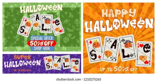 bright posters with playing cards for Halloween. stock vector image