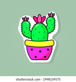 Bright  potted cactus sticker in the style of 80s pop art.  Vector illustration.