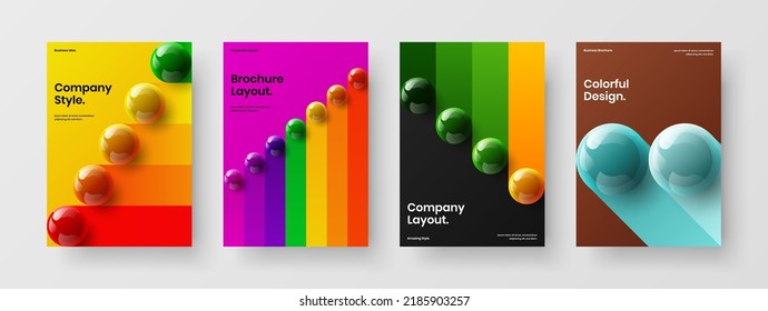 Bright presentation A4 design vector layout collection. Colorful 3D balls corporate brochure illustration composition.