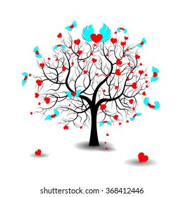 Bright pretty color vector graphic illustration of Valentine day love holiday with symbol of beautiful heart shape growing on black tree on white background