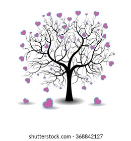 Bright pretty color vector graphic illustration of Valentine day love holiday with symbol of beautiful heart shape growing on black tree on white background