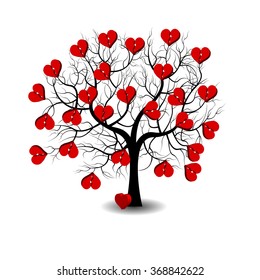 Bright pretty color vector graphic illustration of Valentine day love holiday with symbol of beautiful heart shape growing on black tree on white background