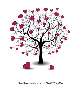 Bright pretty color vector graphic illustration of Valentine day love holiday with symbol of beautiful heart shape growing on black tree on white background