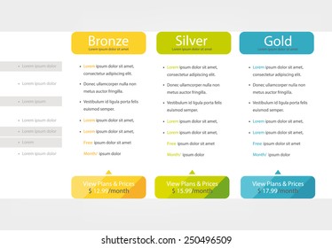 Bright pricing table, banner, order, box, button, list and bullet with plan for website.
