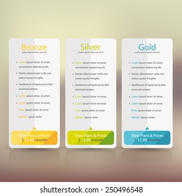 Bright pricing table, banner, order, box, button, list and bullet with plan for website.