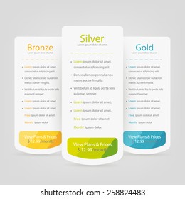 Bright pricing table, banner, order, box, button, list and bullet with plan for website.