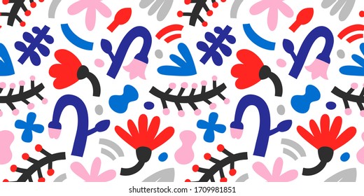 Bright primitive flowers, contemporary abstract illustration, tulips and leaves in bright colors. Vector seamless pattern. Modern botanical print for fashion, textile and wrapping paper.