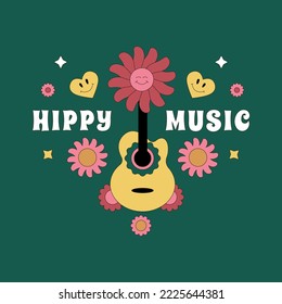 Bright print with acoustic guitar, flowers and hearts and the inscription "Hippy music". A design element for a psychedelic, nosyalgic festival.