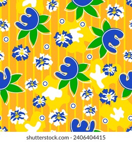 Bright print in African, Asian, Indian style with abstract flowers on striped orange background. Seamless pattern for fabric, beach textile, wallpaper, cover, wrapping-paper, gift paper. Vector.