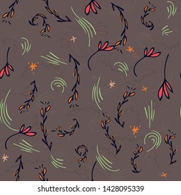 Bright Print with brown hand drawing Background . Seamless Pattern with doodle Flowers and Leaves .Texture for Wallpapers, Web Page , Surface Textures , Wrap Paper ,Textiles, Cover, Magazine .