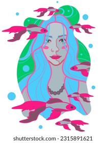 A bright print with the image of a blue-eyed girl in the image of a mermaid, personifying the Pisces zodiac sign