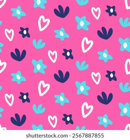 Bright print for jacket fabric. Pale blue flowers on bright neon pink background. Floral seamless print with stylized flowers, leaves, hearts. Simple botanical ornament for wallpaper, cover, backdrop.