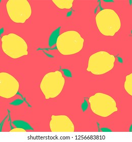 Bright print with lemon tree fruits. Lemon and leaf seamless pattern. Hand drawn vector illustration. Fabric, textile, design element.