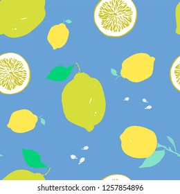 Bright print with lemon tree fruits. Lemon slice, lemon and leaf seamless pattern. Hand drawn vector template. Fabric, textile, design element.