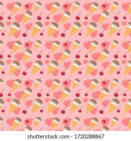 bright print, pattern, with ice cream, cherries, colored marmalades, pink monstera leaves, perfect for printing on fabric, postcards, gift wraps

