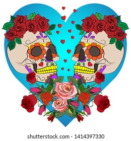 bright print with a skull with flowers on the background of the heart